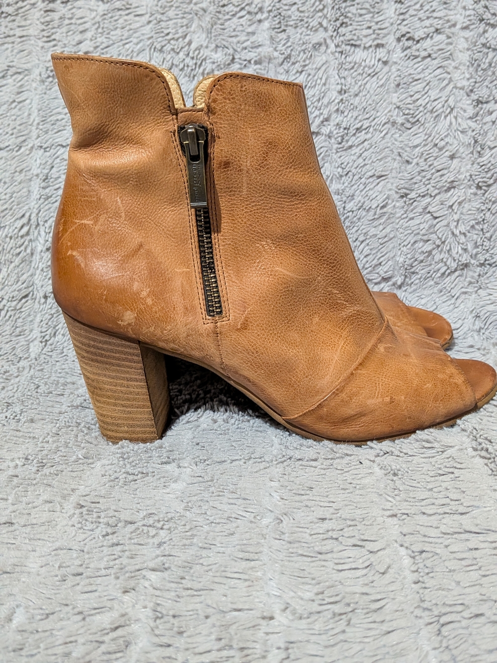 Paul Green Tan Leather Peep-Toe Ankle Booties with Side Zip Size 5.5